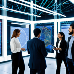 A diverse group of professionals, including male and female individuals, fully clothed in smart business casual attire, modest clothing, appropriate attire, professional dress. They are in a spacious, futuristic tech hub with large, translucent digital displays showing abstract NFT art and blockchain transaction lines. Subtle glowing nodes connect them, symbolizing community and shared digital assets. The background is a blurred, bustling cityscape seen through large windows, suggesting global connectivity. Emphasize their collaborative interaction and engagement with the digital elements. perfect anatomy, correct proportions, natural pose, well-formed hands, proper finger count, natural body proportions, professional photography, high-resolution, sharp focus, vibrant colors, safe for work, appropriate content, fully clothed, professional, family-friendly.