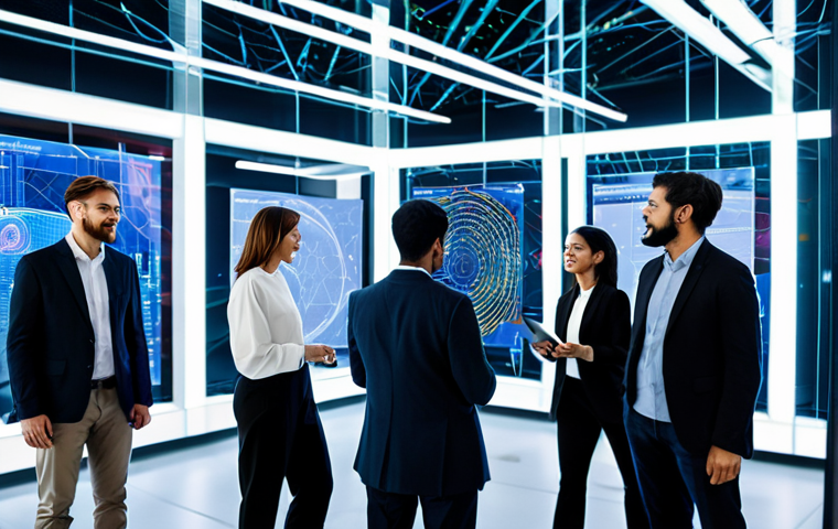A diverse group of professionals, including male and female individuals, fully clothed in smart business casual attire, modest clothing, appropriate attire, professional dress. They are in a spacious, futuristic tech hub with large, translucent digital displays showing abstract NFT art and blockchain transaction lines. Subtle glowing nodes connect them, symbolizing community and shared digital assets. The background is a blurred, bustling cityscape seen through large windows, suggesting global connectivity. Emphasize their collaborative interaction and engagement with the digital elements. perfect anatomy, correct proportions, natural pose, well-formed hands, proper finger count, natural body proportions, professional photography, high-resolution, sharp focus, vibrant colors, safe for work, appropriate content, fully clothed, professional, family-friendly.